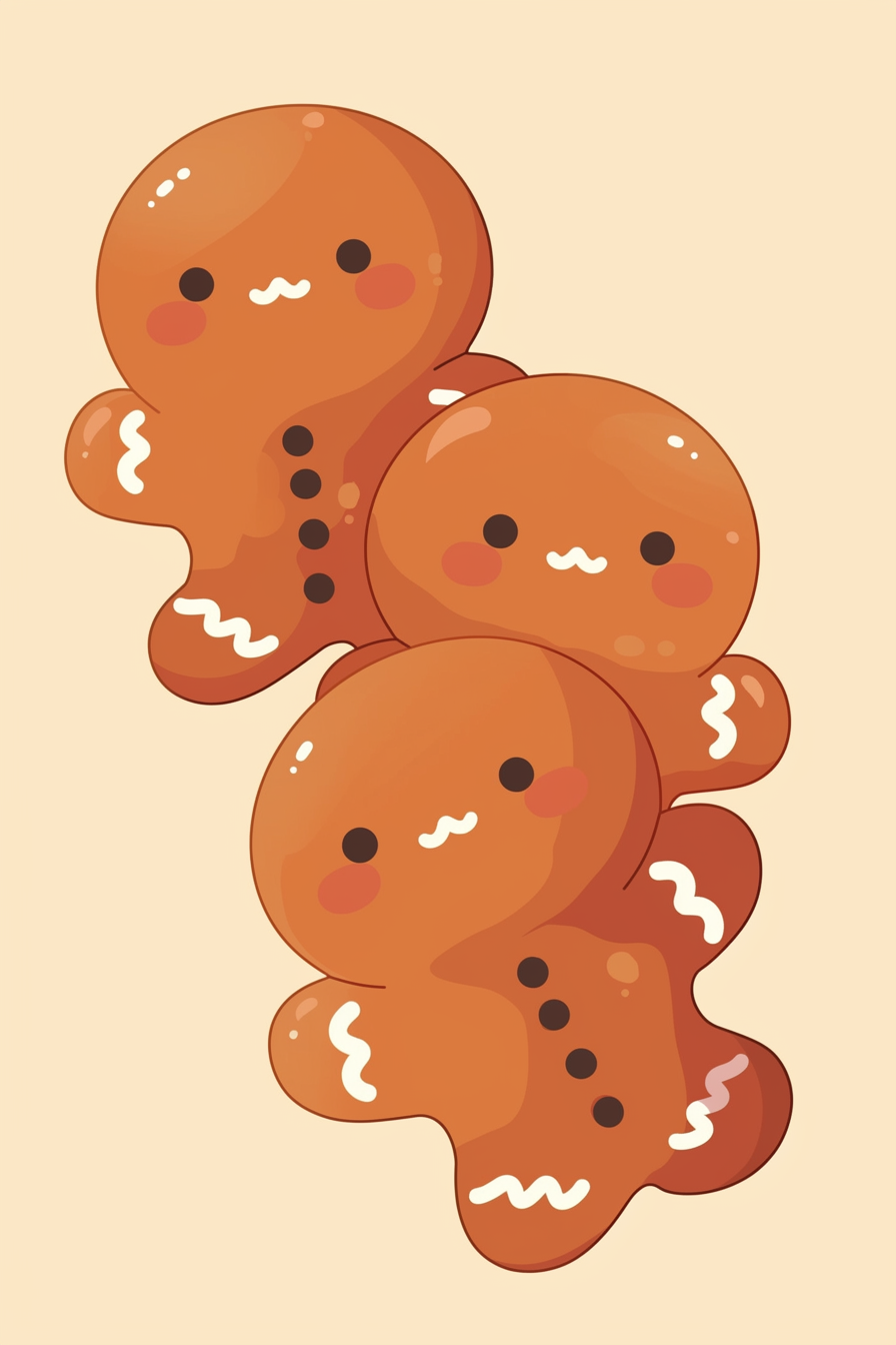 thanksgiving food drawing ideas featuring a cute illustration of three gingerbread cookies with happy faces and simple decorations on a light background.